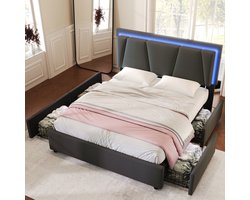 REDOM Gestoffeerd bed 140x200, verstelbaar hoofdeinde ±10 cm, LED-verlichting, 4 lades, grijs linnen, draagvermogen 600 lb
