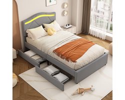 REDOM gestoffeerd bed 90x200 cm – Linnen grijs – LED in hoofdbord (app + knop, meerkleurig) – 2 lades aan zijkant – Opbergruimte onder bed – Verstelbaar hoofdbord – 120 kg