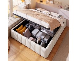 REDOM Gestoffeerd Bed - Hydraulische Opbergruimte - Zonder Hoofdbord - Linnen En MDF - Beige - 140x200 Cm