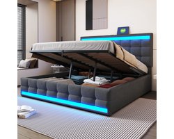 REDOM Gestoffeerd Bed - Met RGB Ledverlichting En Usb-Aansluitingen - Verstelbaar Hoofdbord - Linnen - Grijs - 180 X 200 Cm