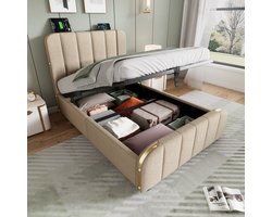REDOM Gestoffeerd eenpersoonsbed 90×200 cm – beige linnen, hydraulische opbergruimte, USB‑C lader, gouden strepen