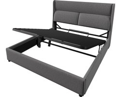 REDOM Gestoffeerd tweepersoonsbed 140×200 met verstelbare hoofdsteunen, hydraulische opbergruimte, linnen grijs, metalen lattenbodem
