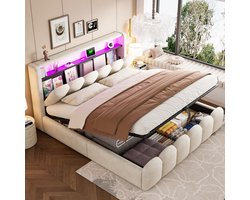 REDOM gestoffeerd tweepersoonsbed 180x200 cm – Fluweel beige – Bloemblaadjesdesign – LED met smartphone-bediening – USB & Type-C – Hydraulisch + opbergvakken – 300 kg