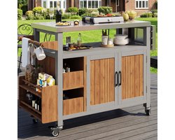 REDOM Grillwagen - Uitschuifbaar Zijblad - Roestvrijstalen Werkblad - 3 Haken - Massief Hout - Naturel Hout - 100-138 x 47 x 92 cm