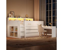 REDOM - Halfhoogslaper - 3 Lades En Verplaatsbaar Bureau - Moderne Stijl - Voor Kinderkamer - MDF - Wit - 90 X 200 Cm