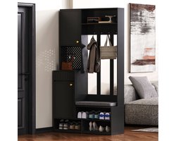 REDOM Halmeubel 100x180x35 cm van MDF, met zitbank, 4 haken, lades en opbergruimte, zwart