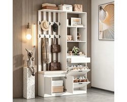 REDOM - Halmeubel met opbergruimte - MDF - Met gepolsterde zitbank - 2 schoenenkleppen - 10 haken - Voor de hal - Wit - 120 x 30 x 200 cm