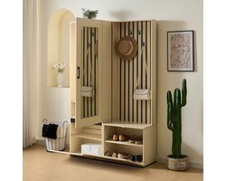 REDOM - Halmeubel - Spiegel en zitbank - Uittrekbare metalen kledingstang - Schoenenopberging en 4 haken - MDF - Hout - 119 x 45 x 179,5 cm