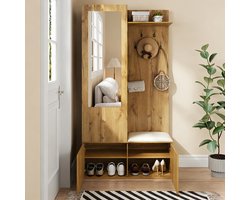 REDOM - Halmeubelset - Met Spiegel En Schoenopberging - Modern - Voor Hal - MDF - Zwart En Naturel - 100 X 38 X 191 Cm