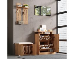 REDOM Halmeubelset - Schoenenkast en Schoenenbank met Spiegel en Haken - Modern - Houtlook - Naturel - 140 x 35 x 133 cm