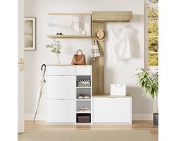 REDOM Halmeubelset - Schoenenkast Met 2 Lades En Verstelbare Planken - Modern - Voor De Hal - Spaanplaat - Naturel En Wit - 130 × 30 × 174 cm