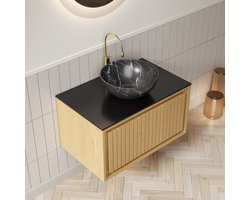 REDOM - Hangend Badkamermeubel - Met Lade En Keramische Waskom - Modern - Gesinterd Stenen Blad - Zwart En Gouden Eiken