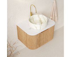 REDOM - Hangend Badkamermeubel - Ronde Keramische Wastafel Met Steenpatroon En Lade - Franse Stijl - Sintersteen En Multiplex - Naturel Hout Wit