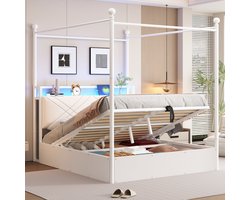 REDOM - Hemelbed - Hydraulische opbergruimte - Afneembaar hemelbedframe - LED, USB en Type-C - Europees design - Metaal en MDF - Wit - 146.6 x 208.6 x 201.5 cm