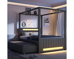REDOM - Hemelbed met uitziehbed en 3 opberglades - LED-verlichting aan hoofd- en voeteneind - Lattenbodem - Slaapkamer - MDF en stof - 140 x 200 cm