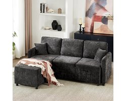 REDOM - Hoekbank 3-zits met lange loungebank - Chenille bekleding - Massief houten frame - Inclusief 2 kussens - Scandinavisch & Basic - Woonkamer - Zwart - 187,5 x 144 x 85,5 cm