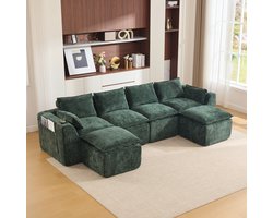 REDOM - Hoekbank - Modulair 4-zits - 2 voetenbanken - Kussens - Bekerhouder - Zijvakken - Chenille - Donkergroen - 322 x 161 x 75 cm