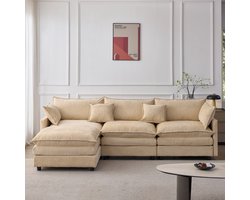 REDOM - Hoekbank - Modulair L-vormig ontwerp - Verplaatsbare hocker - Chenille bekleding - Afneembare hoezen - Houten frame - Licht koffie - 267 x 154 x 85 cm