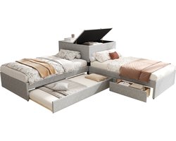 REDOM - Hoekbed met Uitschuifbed – 90x200 cm – Met Opbergkast en 2 Laden – Linnen Bekleding – Grijs – Ruimtebesparend