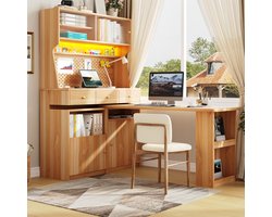 REDOM - Hoge kast met bureau - LED-verlichting met app-bediening - verstelbare planken en pegboard - MDF en glas - woonkamer of kantoor - naturel - 137 x 74 x 177,7 cm