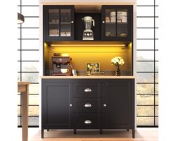 REDOM - Hoge Opbergkast Met Ledverlichting En 4 Deuren 3 Lades - Retro - Voor Keuken Of Woonkamer - MDF En Metaal - Zwart - 120 X 40 X 179 Cm