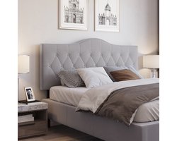 REDOM - Hoofdbord - Gestoffeerd met knoop- en ruitstiksel - Met houten poten - Moderne stijl - Slaapkamer - Hout en stof - Grijs - 185 x 8 x 134 cm