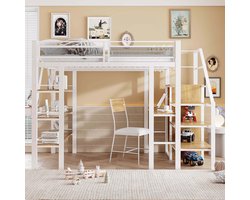 REDOM Hoogslaper 140x200 cm van metaal, met bureau, kast en trap met opbergvakken