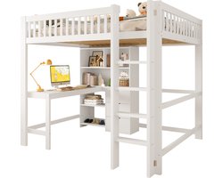 REDOM hoogslaper 140x200 cm – Wit (grenenhout + MDF) – Ingebouwd bureau – 3 lades + open vakken – Hoge veiligheidsreling – 120 kg