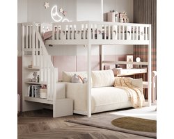 REDOM Hoogslaper 140x200x171 cm van massief hout, met trap en opbergrekken