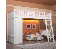 REDOM Hoogslaper – 90x200 cm – Met kast, lades & LED-verlichting – Grenenhout & MDF – Wit & Roze