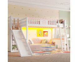 REDOM Hoogslaper 90x200 cm van grenenhout/MDF – Met glijbaan, 3 planken en LED-verlichting – Wit/Roze