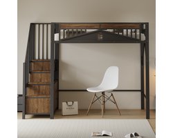 REDOM Hoogslaper 90x200 cm van metaal en hout, met trap en opbergruimte