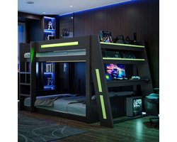 REDOM - Hoogslaper Met Bureau En 2 Opbergvakken - Met Usb-Aansluiting En Ledverlichting - MDF En Grenenhout - Zwart En Groen - 140x200 Cm