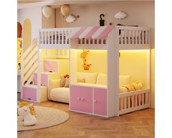 REDOM Hoogslaper - Met Opbergtrap Met 3 Opbergvakken - Met Opbergruimte Onder Het Bed - Met Led-Lichtstrip Rondom - Massief Hout En MDF - Roze En Wit - 90 x 200 cm