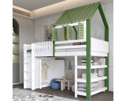 REDOM Hoogslaper voor kind 90x200 met dak en ramen, geïntegreerde kast en opbergrekken, veilig wit/groen