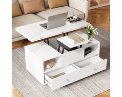 REDOM - Hoogteverstelbare salontafel - Klapfunctie met 4 lades en opbergruimte - Verrijdbaar met wielen - Moderne stijl - Woonkamer en eetkamer - MDF - Wit - 100 x 50 x 47,5 cm