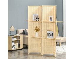 REDOM - Kamerscherm met 4 panelen - Opvouwbaar en vrijstaand - Met 2 planken - Rustieke stijl - Woonkamer, slaapkamer of kantoor - Hout en metaal - Natural Wood - 180 x 180 x 1,9 cm