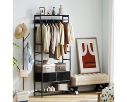 REDOM - Kapstok Met Schoenenrek En 2 Stoffen Laden - 8 Haken - Industrieel - Voor Hal - Hout En Metaal - Zwart - 80 x 30 x 180,5 cm