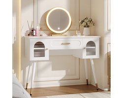 REDOM - Kaptafel met LED-spiegel - 1 lade en 2 deuren - Grote opbergruimte - Scandinavische stijl - Slaapkamer of kleedruimte - Spaanplaat - Wit en Goud - 100 x 42 x 112 cm