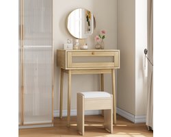 REDOM - Kaptafel met spiegel - Rotan decor - 1 lade - Bohemian stijl - Slaapkamer - MDF en glas - Eiken - 60 x 50 x 128 cm
