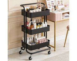 REDOM Keuken Opbergrek Verrijdbaar 85 cm – 3-Laags Storage Trolley met Wielen & Rem – Ruimtebesparend Organizer – Voor keuken, badkamer & woonkamer – Carbon Staal – Zwart