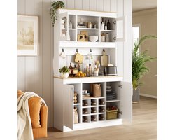REDOM - Keukenbuffet met opzetkast - Glazen deuren - Wijnrek - Hakenlijst - Spanplaat - Keuken - Naturel en wit - 106 x 39 x 175 cm