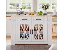 REDOM - Keukeneiland Op Wielen - Uitklapbaar Blad En Stopcontacten - Met Glazen Deuren - Voor Keuken - MDF - Wit Naturel - 120 X 40/65 X 92 Cm