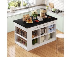 REDOM - Keukeneiland - Uitschuifbare eettafel - 6 lades en kastvakken - Verstelbare planken - Modern design - MDF - Wit, wit marmer - 150 x 90 x 90 cm