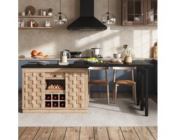 REDOM - Keukenisland en buffetkast - 360° draaibaar en uitschuifbaar - Met lades en wijnrek - Verstelbare planken - MDF en metaal - Licht eiken en zwart - 120-197 x 40 x 74,2 cm