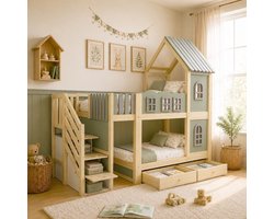 REDOM - Kinder stapelbed in huisvorm - Met wolkvormige uitvalbeveiliging, opbergleider, laden en legplanken - Hout/MDF - Groen, grijs en naturhout - 308 x 100 x 218,5 cm