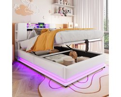 REDOM kinderbed 90x200 cm – Fluweel beige – LED, USB, hydraulische opbergruimte, metalen lattenbodem – 150 kg