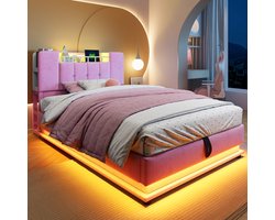 REDOM Kinderbed Met Opbergruimte - Ledverlichting En Usb-Aansluiting - Fluwelen Bekleding - Metaal Lattenbodem - Roze - 90 X 200 Cm