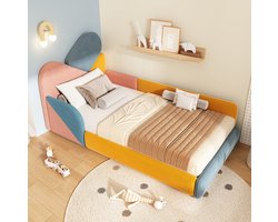 REDOM - Kinderbed - Zacht gestoffeerde randen - Verhoogde zijpanelen - Lattenbodem - Kinderkamer - Fluweel - Blauw Roze Geel Oranje - 90 x 200 cm