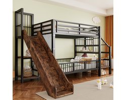 REDOM Kinderhoogslaper – 90x200 cm – Met Glijbaan & Opbergtrap – Uitvalbeveiliging & Deurtje – Legplanken – Metaal – Zwart